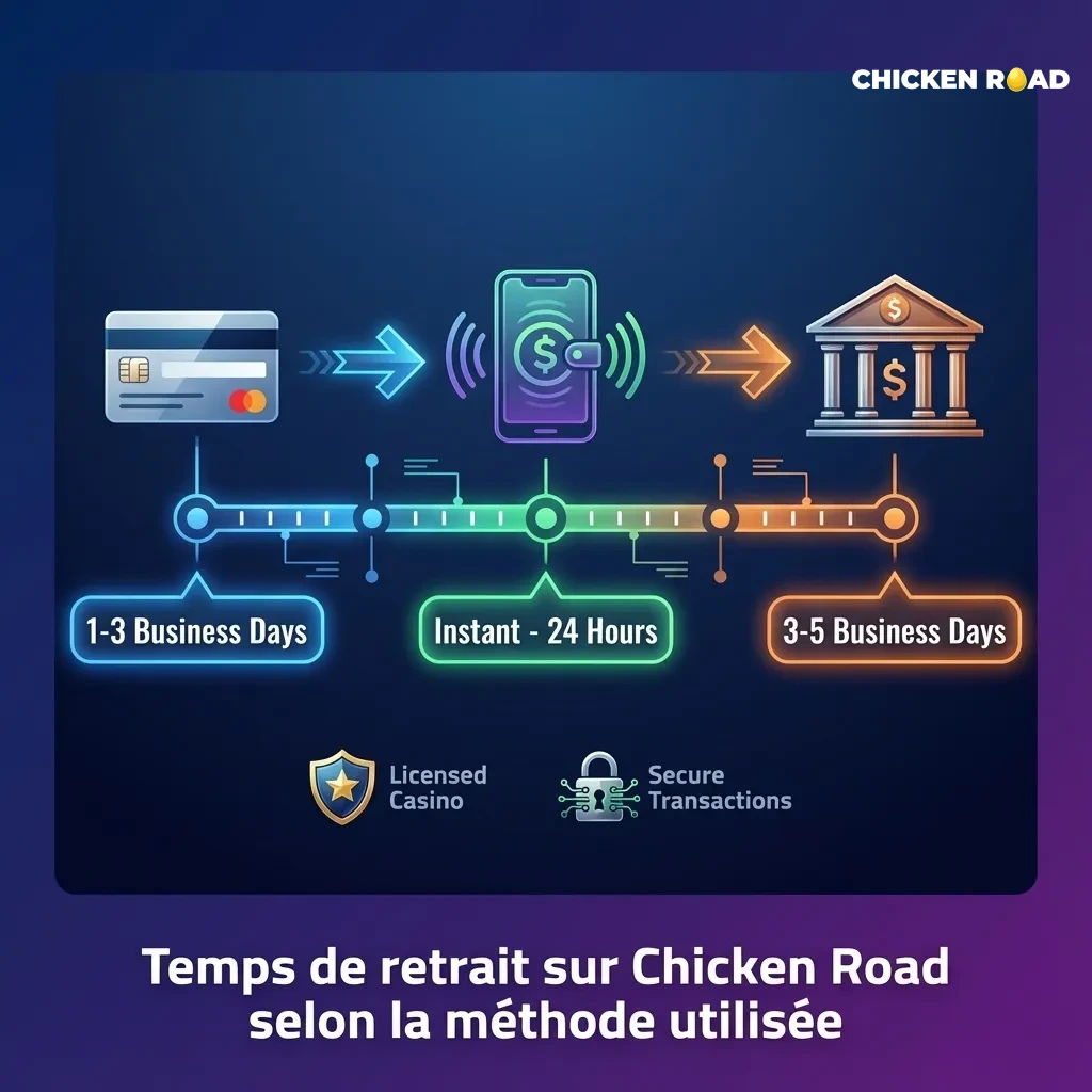 Tableau comparant les délais de retrait sur Chicken Road selon crypto, e-wallets, cartes bancaires et virements SEPA.