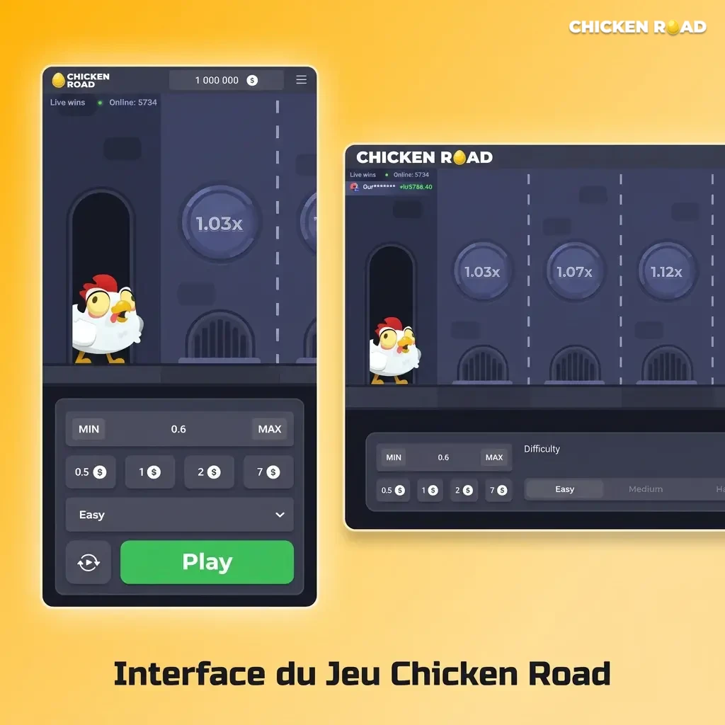 Interface épurée du jeu Chicken Road avec poule, fours, multiplicateur en temps réel et boutons de mise accessibles